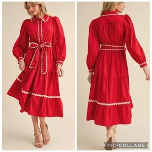 JODIFL Red Long Sleeve Dress with White Accents